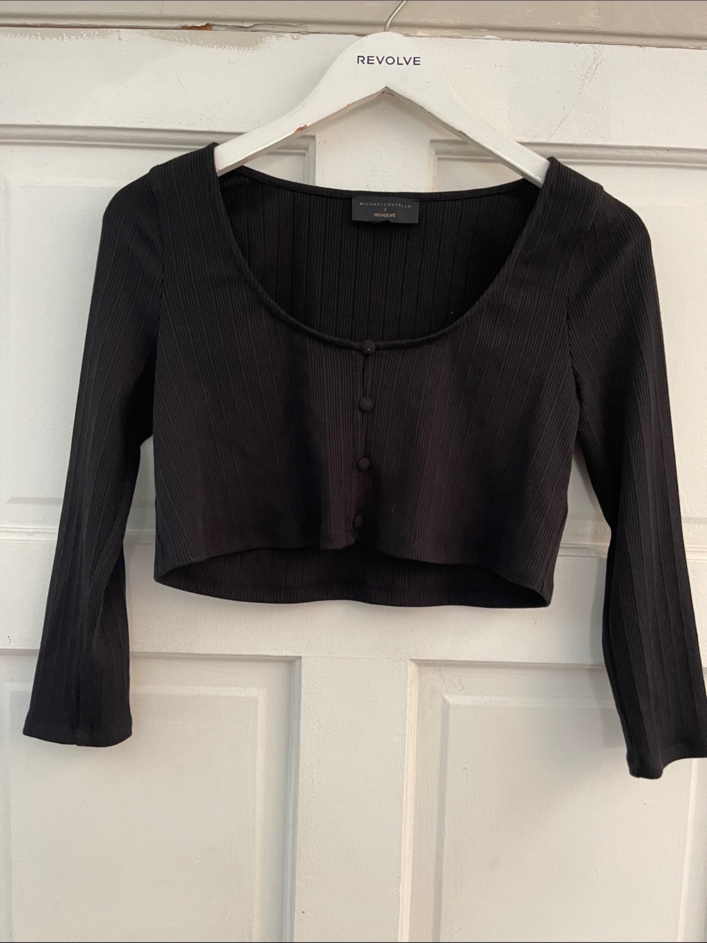 Michael Costello Black Ribbed Cropped Button-Front Top